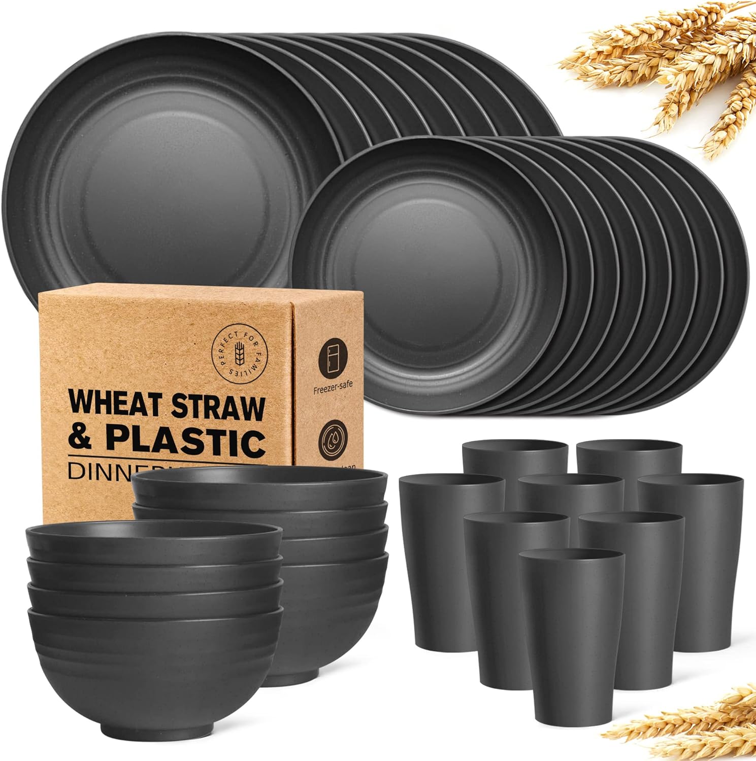 Teivio 32-Piece Kitchen Plastic Wheat Straw Dinnerware Set, Service for 8, Unbreakable Plastic Modern Dish Set - Dinner Plate/Dessert Plate/Cereal Bowl/Cup, for Apartment Basics, Outdoor Camping,Black