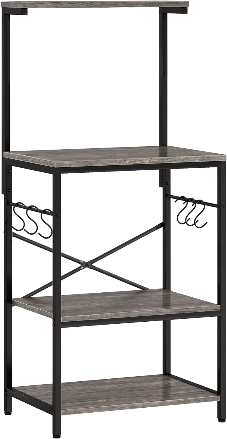 SUPERJARE Kitchen Bakers Rack, 4-Tier Coffee Bar Table, Kitchen Microwave Stand with 6 S-Shaped Hooks, Kitchen Storage Shelf Rack for Spices, Pots and Pans - Charcoal Gray