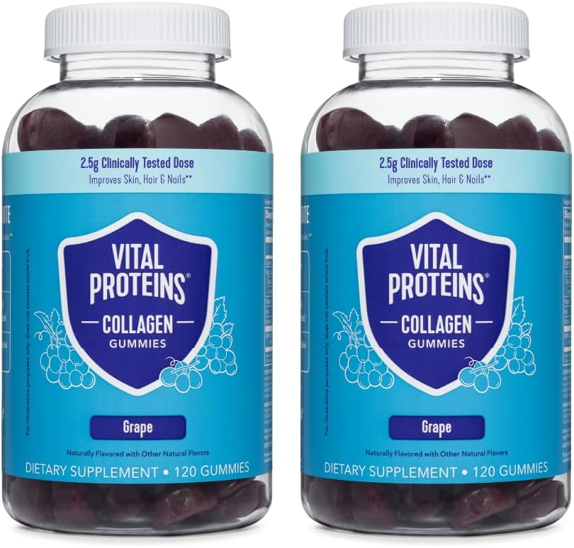 Vital Proteins Collagen Gummies, 2.5g of Clinically-Tested Collagen for Hair, Skin, Nails & Wrinkles, 120 ct Bottle, Pack of 2, Grape Flavor