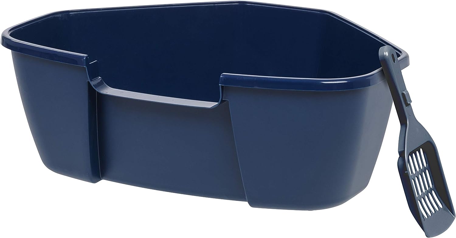 IRIS USA Large Open Top Corner Cat Litter Tray with Scoop, Sturdy Comfortable Easy to Clean Open Air Kitty Rabbit Litter Pan with Tall Walls, Navy
