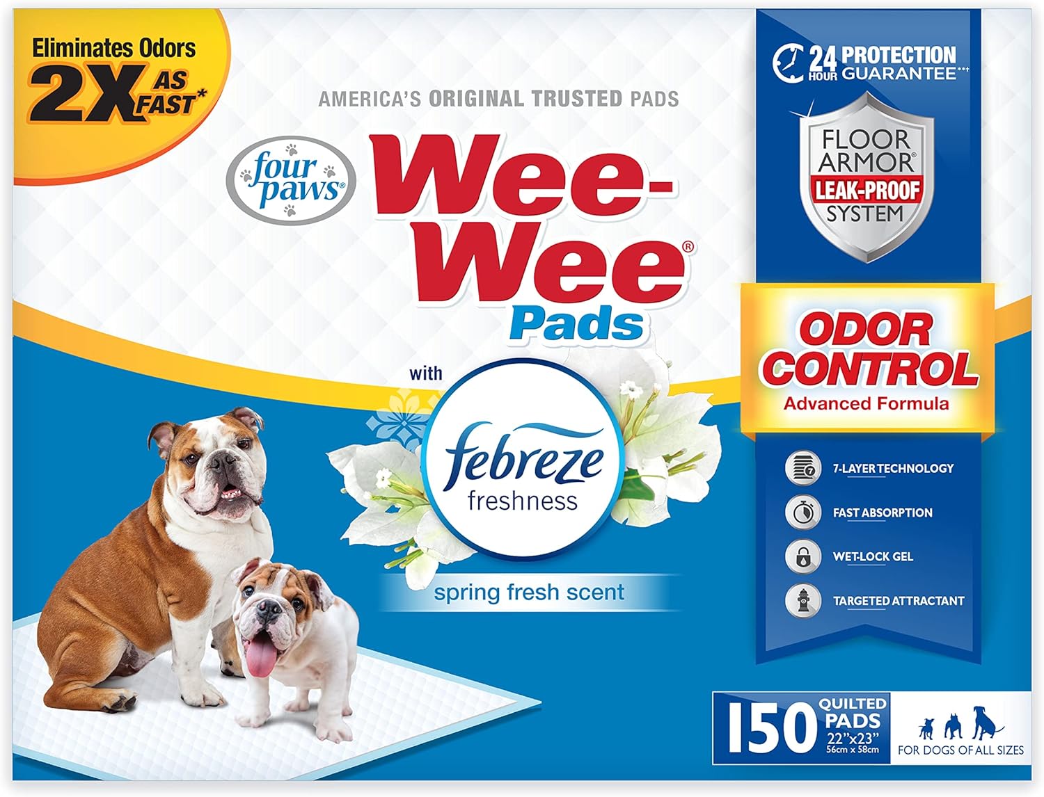 Four Paws Wee-Wee Odor Control with Febreze Freshness Pee Pads for Dogs - Dog & Puppy Pads for Potty Training - Dog Housebreaking & Puppy Supplies - 22" x 23" (150 Count),White