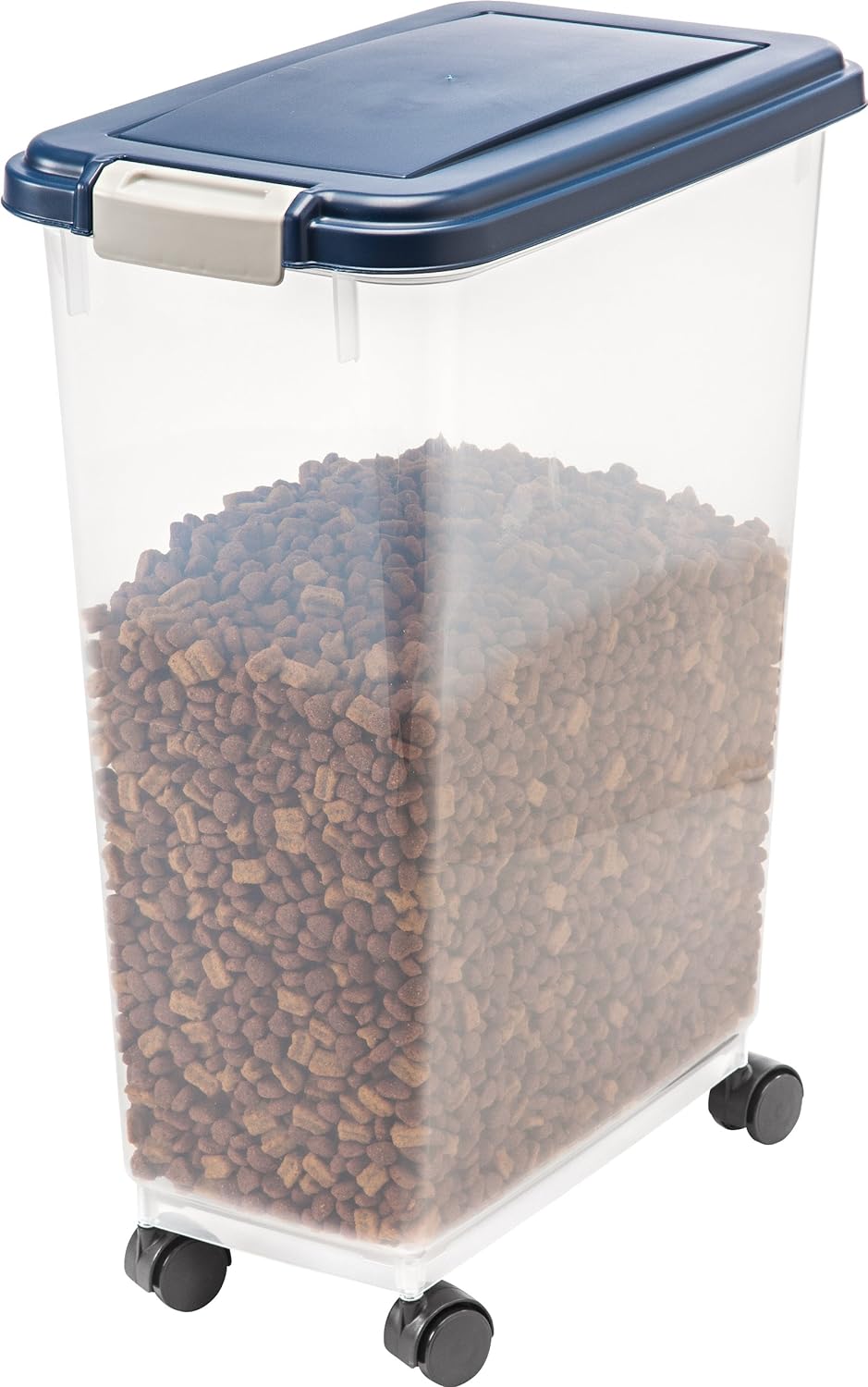 IRIS USA 37.5 Lbs / 47 Qt WeatherPro Airtight Pet Food Storage Container with Attachable Casters, For Dog Cat Bird and Other Pet Food Storage Bin, Keep Fresh, Translucent Body, Easy Mobility, Navy