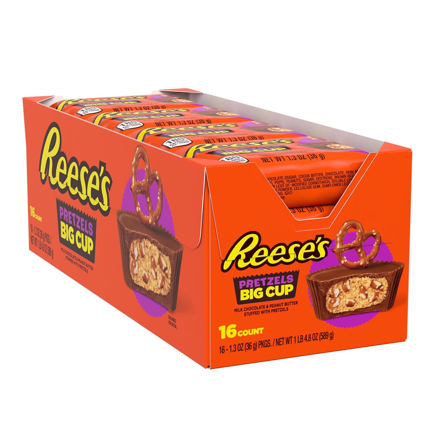 REESE'S Big Cup with Pretzels Milk Chocolate Peanut Butter Cups, Candy Packs, 1.3 oz (16 Count)