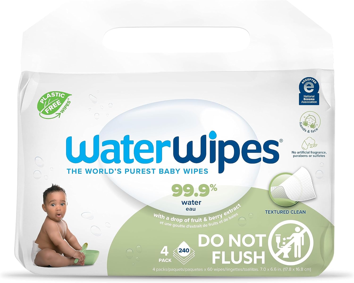 WaterWipes Plastic-Free Textured Clean, Toddler & Baby Wipes, 99.9% Water Based Wipes, Unscented & Hypoallergenic for Sensitive Skin, 240 Count (4 packs), Packaging May Vary