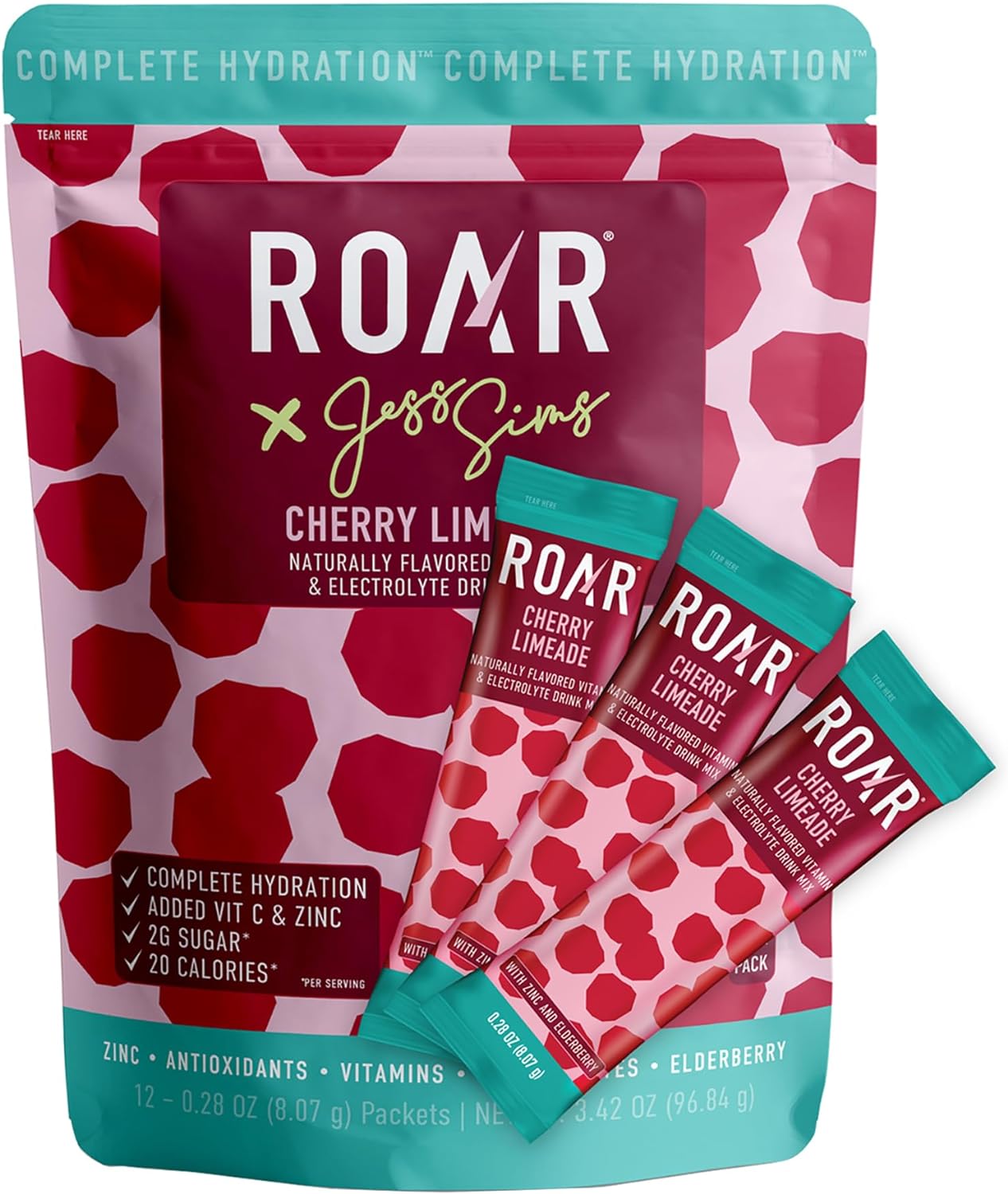 ROAR Complete Hydration Powder Plus - Hydration Packets with Zinc and Elderberry - Electrolytes Powder No GMOs, Gluten Free - Cherry Limeade - 12 pc