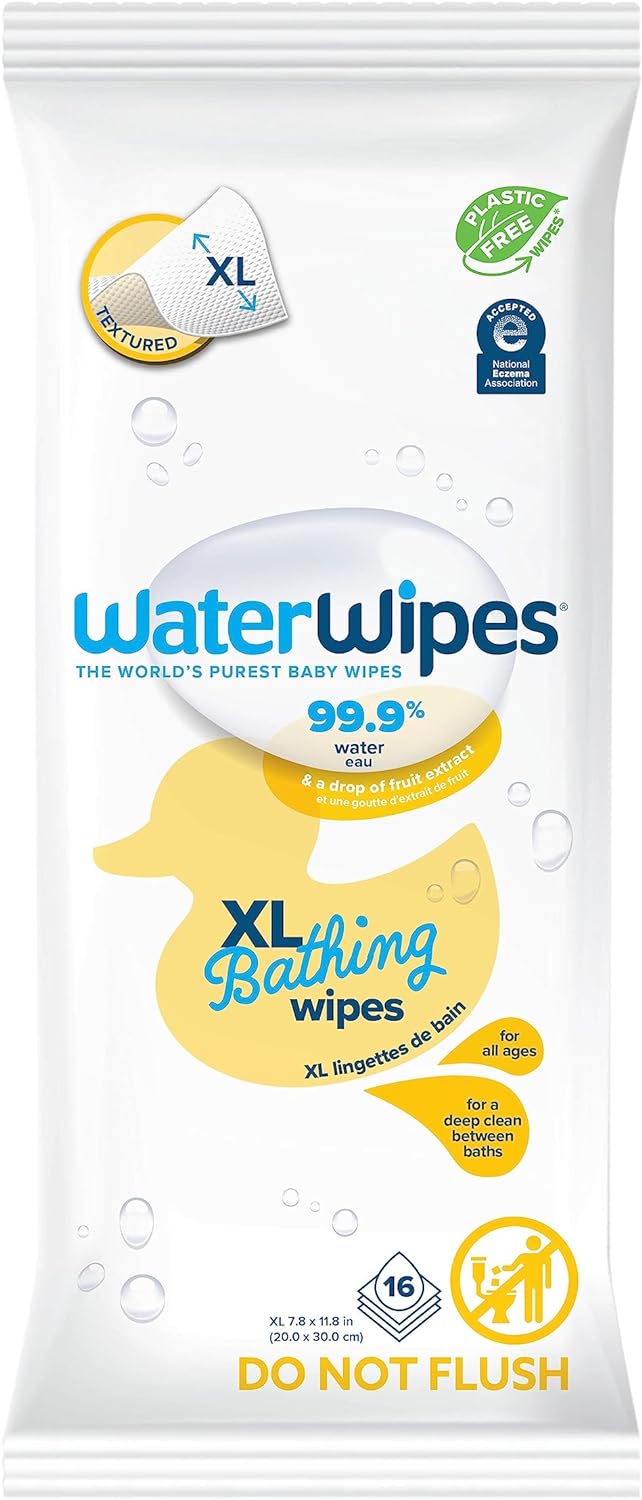 WaterWipes Plastic-Free XL Bathing Wipes for Toddlers & Babies, 99.9% Water Based Wipes, Unscented & Hypoallergenic for Sensitive Skin, 16 Count (1 pack), Packaging May Vary