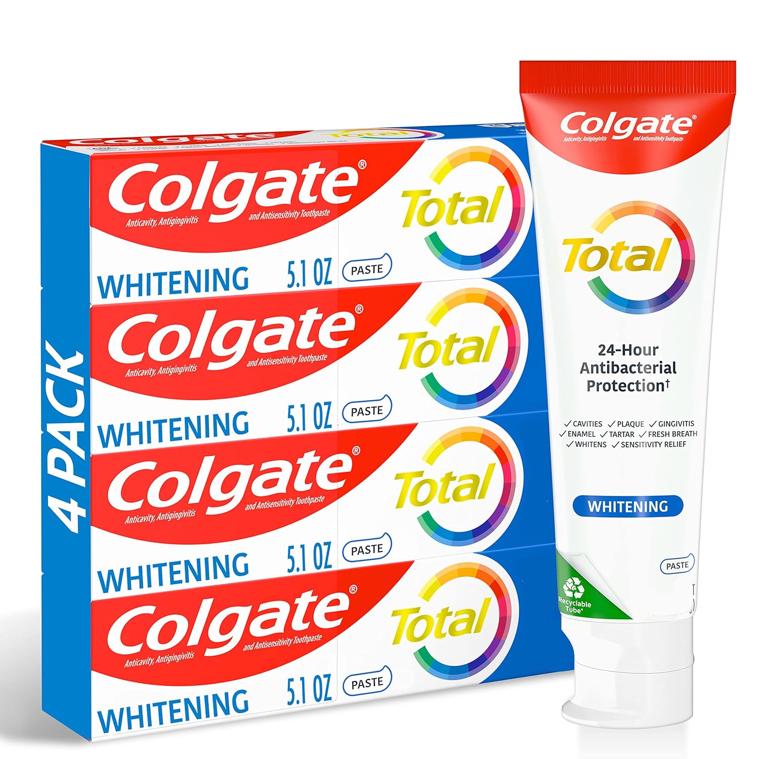 Colgate Total Whitening Toothpaste, 10 Benefits, No Trade-Offs, Freshens Breath, Whitens Teeth and Provides Sensitivity Relief, Mint Flavor, 4 Pack, 5.1 Oz Tubes