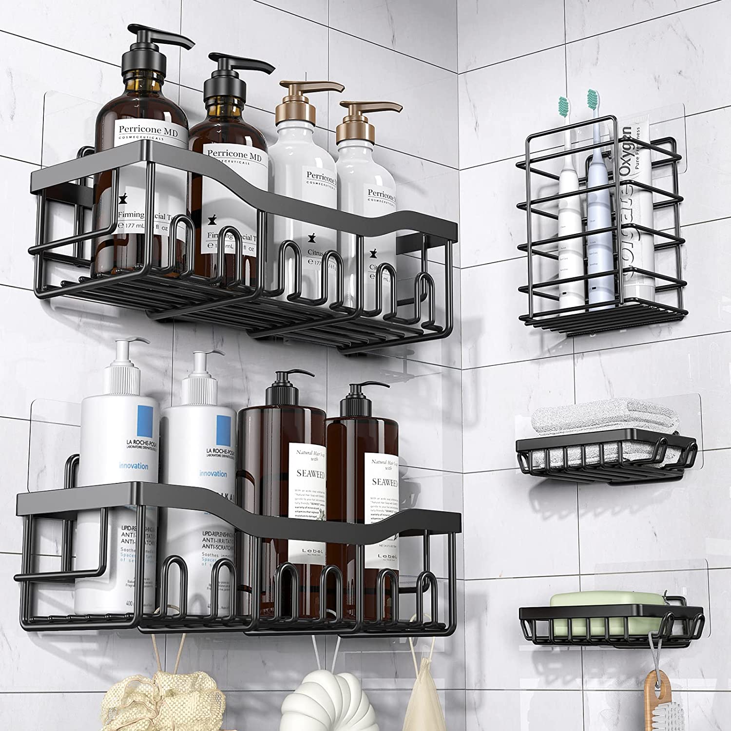 Shower Caddy 5 Pack,Adhesive Shower Organizer for Bathroom Storage&Kitchen,No Drilling,Large Capacity,Rustproof Stainless Steel Bathroom Organizer,Bathroom Shower Shelves for Inside Shower