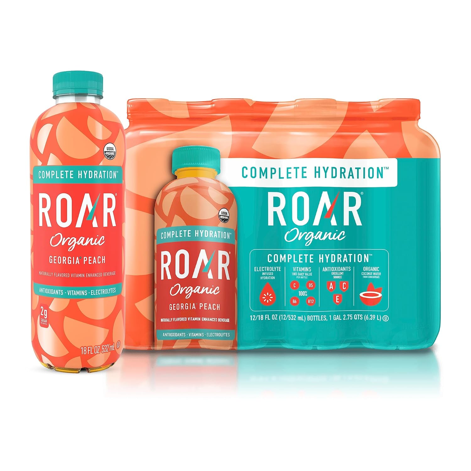 Roar Organic Electrolyte Infusions - USDA Organic - Georgia Peach - with Antioxidants, B Vitamins, Low-Calorie, Low-Sugar, Low-Carb, Coconut Water Infused Beverage 18 Fl Oz (Pack of 12)
