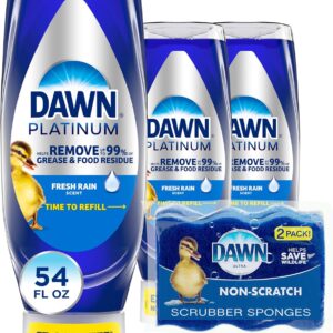 Dawn Dish Soap Squeeze Bottle, EZ-Squeeze Platinum Dish Soap Liquid+Non-Scratch Sponges for Dishes,Refreshing Rain,Includes 3x18oz Bottles+2 Sponges