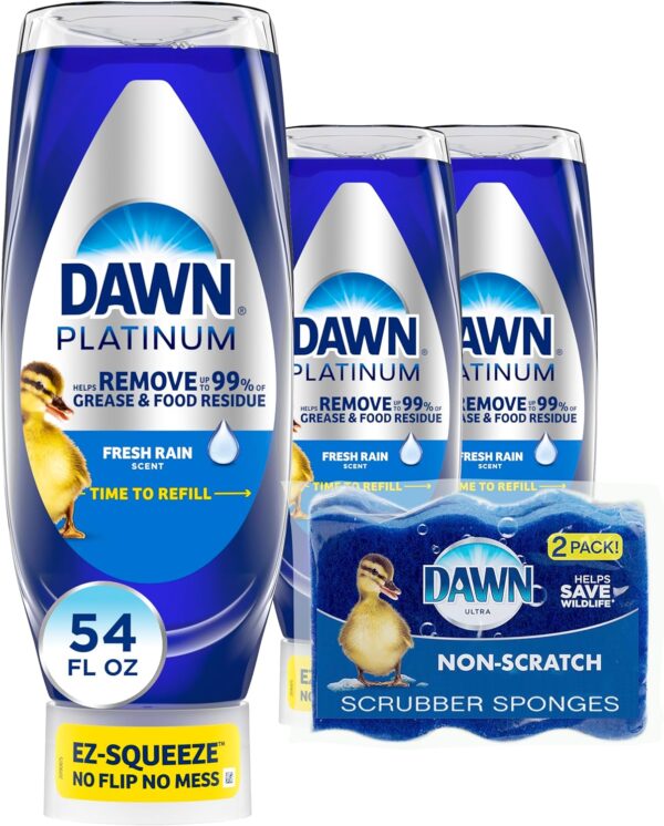 Dawn Dish Soap Squeeze Bottle, EZ-Squeeze Platinum Dish Soap Liquid+Non-Scratch Sponges for Dishes,Refreshing Rain,Includes 3x18oz Bottles+2 Sponges