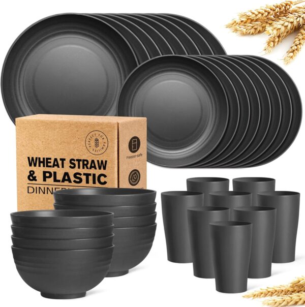 Teivio 32-Piece Kitchen Plastic Wheat Straw Dinnerware Set, Service for 8, Unbreakable Plastic Modern Dish Set - Dinner Plate/Dessert Plate/Cereal Bowl/Cup, for Apartment Basics, Outdoor Camping,Black