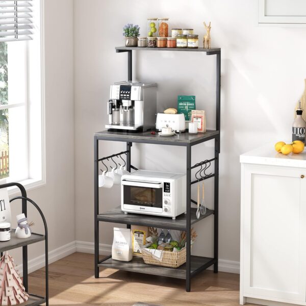 SUPERJARE Kitchen Bakers Rack, 4-Tier Coffee Bar Table, Kitchen Microwave Stand with 6 S-Shaped Hooks, Kitchen Storage Shelf Rack for Spices, Pots and Pans - Charcoal Gray - Image 4