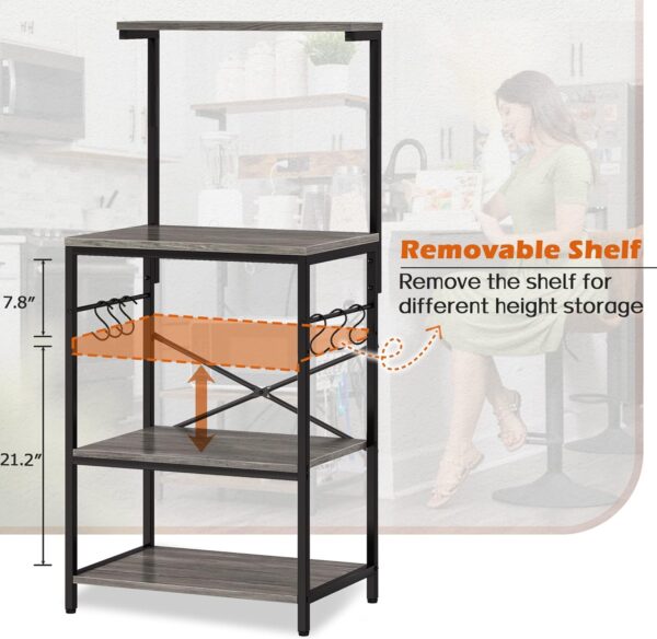 SUPERJARE Kitchen Bakers Rack, 4-Tier Coffee Bar Table, Kitchen Microwave Stand with 6 S-Shaped Hooks, Kitchen Storage Shelf Rack for Spices, Pots and Pans - Charcoal Gray - Image 2