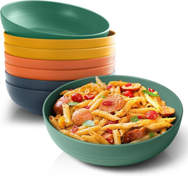 Teivio 8.4" Large Plastic Pasta Bowls Salad Bowls Reusable, 45 oz Pasta Serving Bowl Set of 8, Wheat Straw Serving Plate Bowls for Pasta, Salad, Cereal, Soup, Dishwasher Safe, Autumn Multicolor