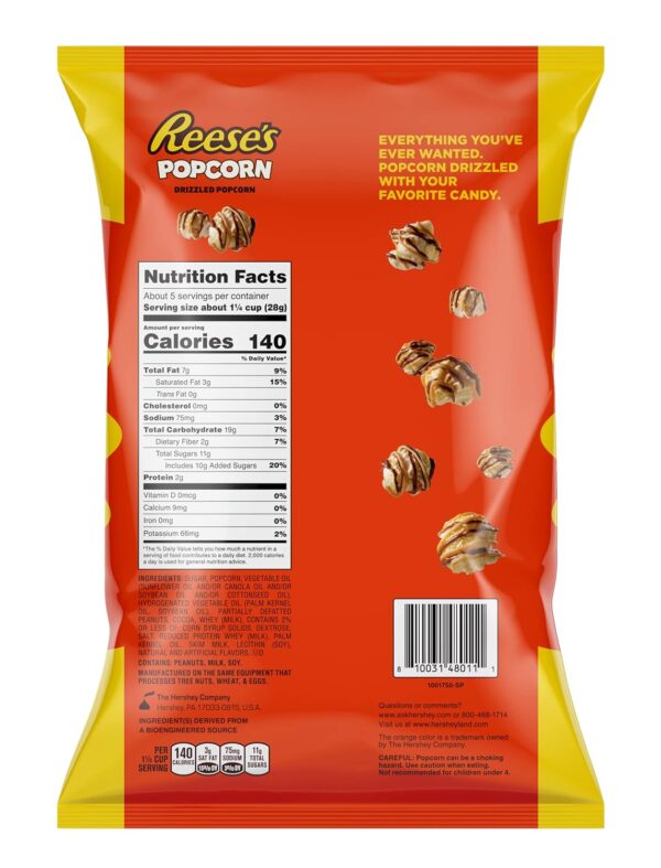 Reese's Popcorn, 5.25oz Grocery Sized Bag, Popcorn Drizzled in Reese's Peanut Butter and Chocolate, Ready to Eat, Savory Snack, Sweet and Salty Snacks - Image 2