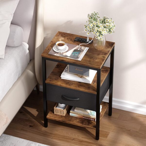 SUPERJARE Nightstand with Charging Station, Bed Side Table with Adjustable Fabric Drawer, Night Stand for Bedroom, 3-Tier Storage End Table, for Living Room, Rustic Brown and Black - Image 2