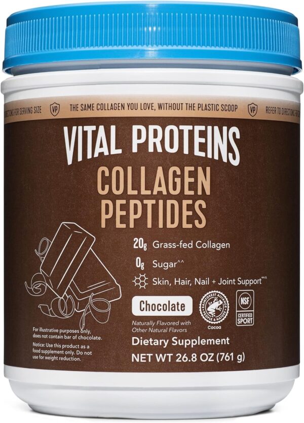 Vital Proteins Chocolate Collagen Powder Supplement (Type I, III) for Skin Hair Nail Joint - Hydrolyzed Collagen - Dairy and Gluten Free - 27g per Serving - Chocolate Flavor, 26.8 oz Canister