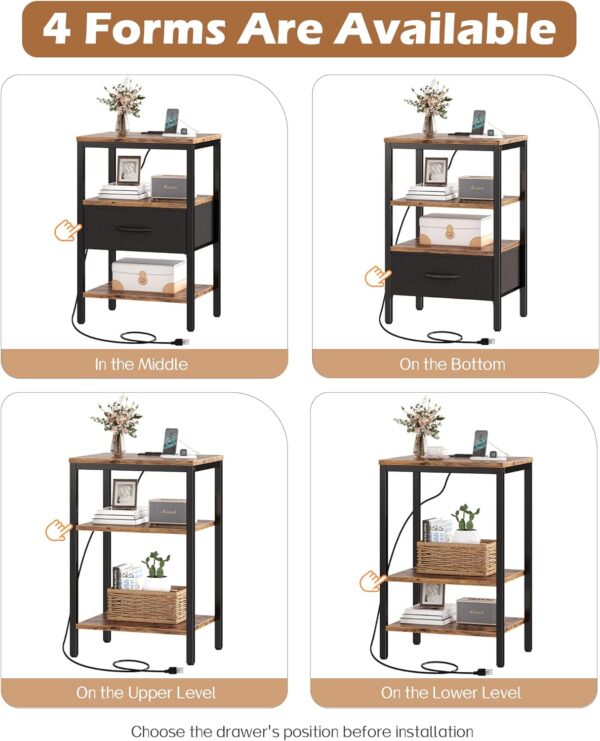SUPERJARE Nightstand with Charging Station, Bed Side Table with Adjustable Fabric Drawer, Night Stand for Bedroom, 3-Tier Storage End Table, for Living Room, Rustic Brown and Black - Image 4