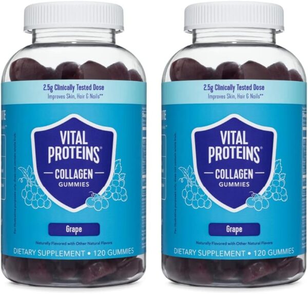 Vital Proteins Collagen Gummies, 2.5g of Clinically-Tested Collagen for Hair, Skin, Nails & Wrinkles, 120 ct Bottle, Pack of 2, Grape Flavor