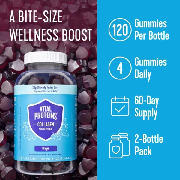Vital Proteins Collagen Gummies, 2.5g of Clinically-Tested Collagen for Hair, Skin, Nails & Wrinkles, 120 ct Bottle, Pack of 2, Grape Flavor - Image 2
