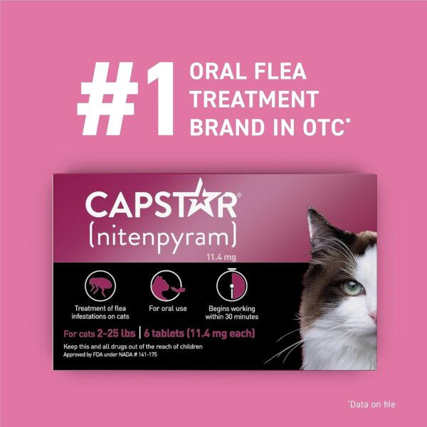 Capstar (nitenpyram) for Cats, Fast-Acting Oral Flea Treatment for Cats 2-25 lbs, Vet-Recommended Flea Medication Tablets Start Killing Fleas in 30 Minutes, 6 Doses - Image 3