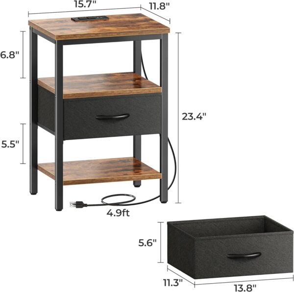 SUPERJARE Nightstand with Charging Station, Bed Side Table with Adjustable Fabric Drawer, Night Stand for Bedroom, 3-Tier Storage End Table, for Living Room, Rustic Brown and Black - Image 3