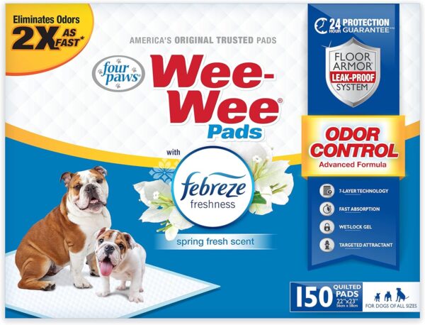 Four Paws Wee-Wee Odor Control with Febreze Freshness Pee Pads for Dogs - Dog & Puppy Pads for Potty Training - Dog Housebreaking & Puppy Supplies - 22" x 23" (150 Count),White