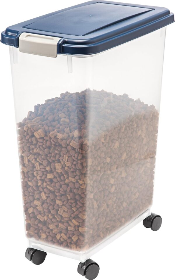 IRIS USA 37.5 Lbs / 47 Qt WeatherPro Airtight Pet Food Storage Container with Attachable Casters, For Dog Cat Bird and Other Pet Food Storage Bin, Keep Fresh, Translucent Body, Easy Mobility, Navy