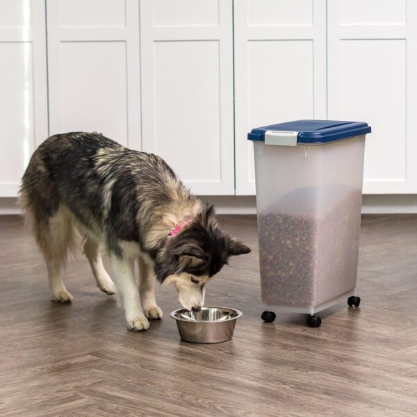 IRIS USA 37.5 Lbs / 47 Qt WeatherPro Airtight Pet Food Storage Container with Attachable Casters, For Dog Cat Bird and Other Pet Food Storage Bin, Keep Fresh, Translucent Body, Easy Mobility, Navy - Image 4