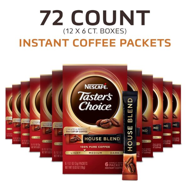 NESCAFE Taster's Choice, House Blend Light Medium Roast Instant Coffee, 12 boxes (72 packets) - Image 2
