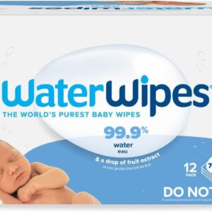 WaterWipes Plastic-Free Original Baby Wipes, 99.9% Water Based Wipes, Unscented & Hypoallergenic for Sensitive Skin, 60 Count (Pack of 12), Packaging May Vary