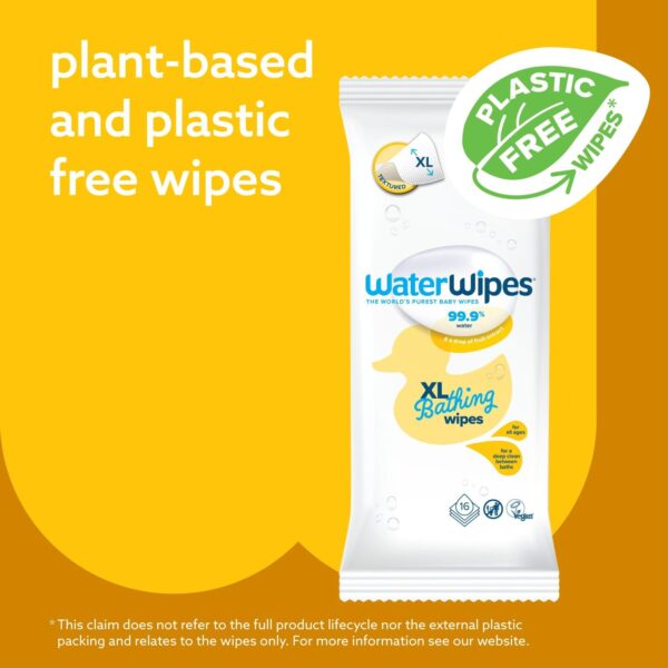WaterWipes Plastic-Free XL Bathing Wipes for Toddlers & Babies, 99.9% Water Based Wipes, Unscented & Hypoallergenic for Sensitive Skin, 16 Count (1 pack), Packaging May Vary - Image 2