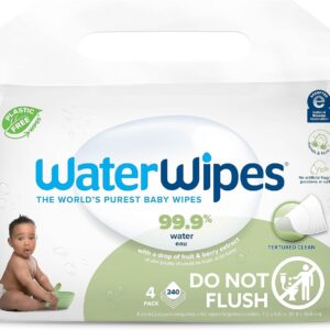 WaterWipes Plastic-Free Textured Clean, Toddler & Baby Wipes, 99.9% Water Based Wipes, Unscented & Hypoallergenic for Sensitive Skin, 240 Count (4 packs), Packaging May Vary