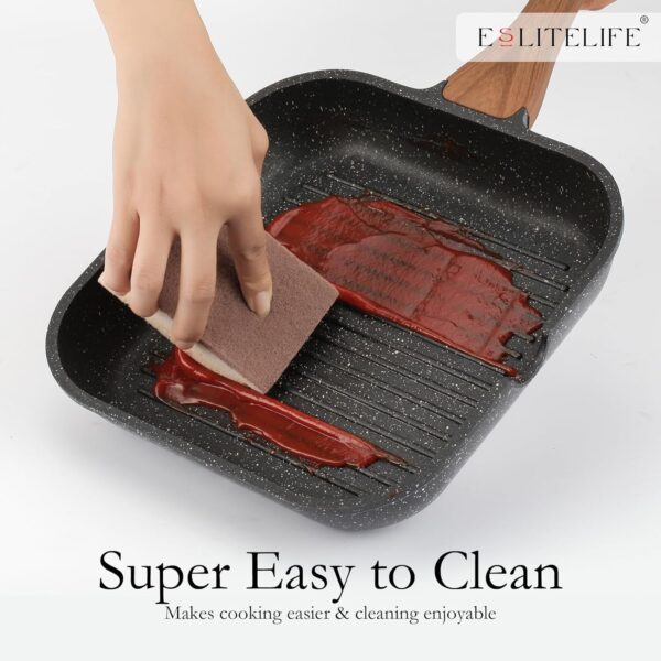 ESLITE LIFE Nonstick Grill Pan for Stove Tops, Versatile Square Big Grill Skillet Steak Pan for Indoor Cooking & Outdoor Grilling, PFOA Free, Black-9.5 Inch - Image 4