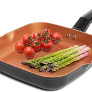 Moss & Stone Frying Pan, Aluminum Square Grill Pan 9.5Inch, Copper Ceramic Non-Stick Saute Fry Pan Stay Cool Handle, Induction Copper Pan, Griddle Nonstick Stove Top Grill Pan Dishwasher Safe