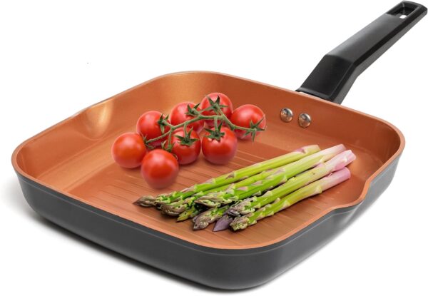 Moss & Stone Frying Pan, Aluminum Square Grill Pan 9.5Inch, Copper Ceramic Non-Stick Saute Fry Pan Stay Cool Handle, Induction Copper Pan, Griddle Nonstick Stove Top Grill Pan Dishwasher Safe