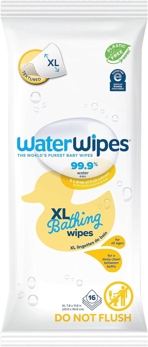 WaterWipes Plastic-Free XL Bathing Wipes for Toddlers & Babies, 99.9% Water Based Wipes, Unscented & Hypoallergenic for Sensitive Skin, 16 Count (1 pack), Packaging May Vary