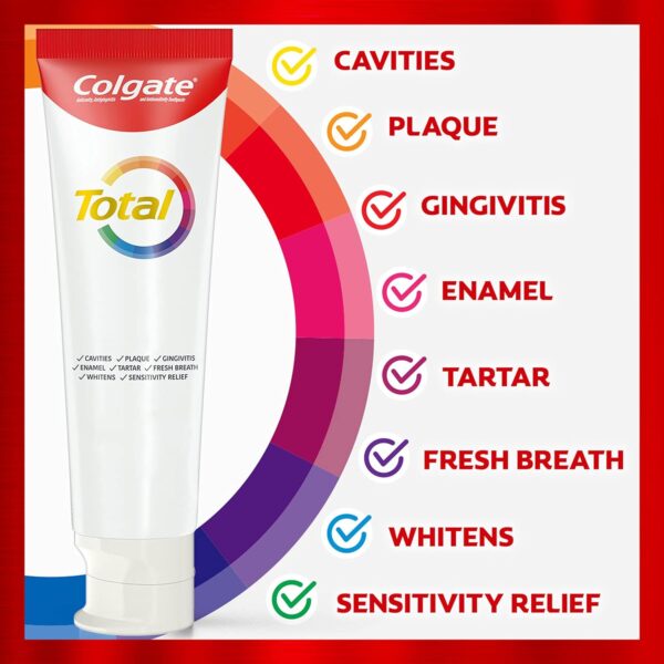 Colgate Total Whitening Toothpaste, 10 Benefits, No Trade-Offs, Freshens Breath, Whitens Teeth and Provides Sensitivity Relief, Mint Flavor, 4 Pack, 5.1 Oz Tubes - Image 2
