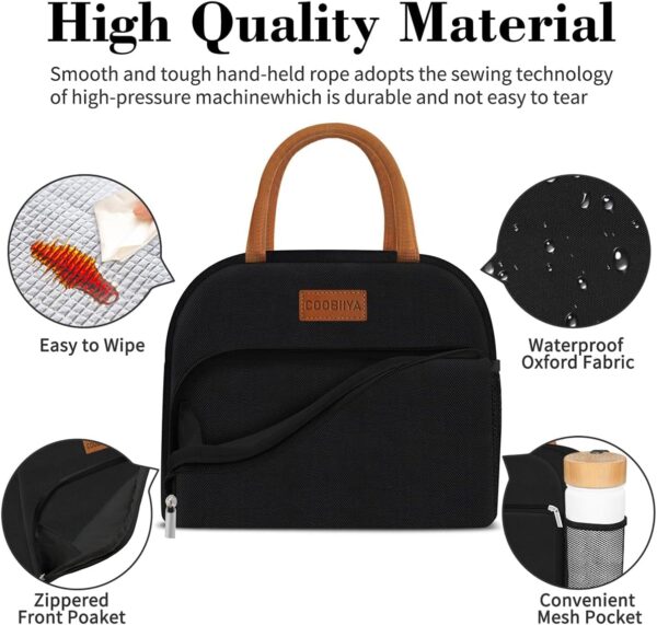 Lunch Bag Women, Lunch Box Lunch Bag for Women Adult Men, Small Leakproof Cute Lunch Tote Large Capacity Reusable Insulated Cooler Lunch Container for Work/Office/Picnic/Travel-Black - Image 2