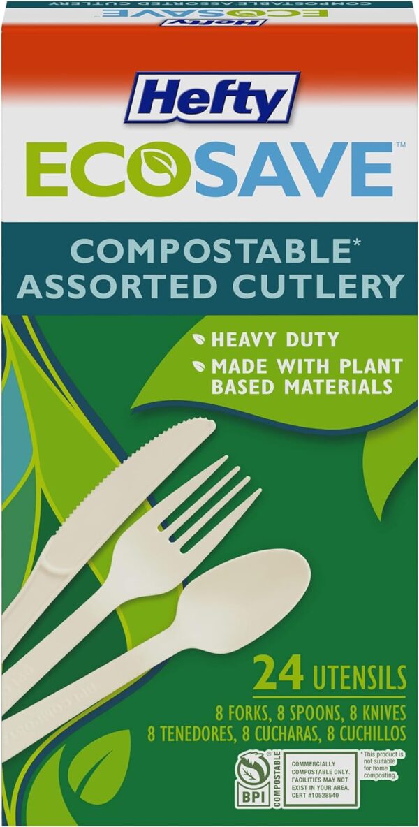 Hefty ECOSAVE Heavy Duty Assorted Cutlery, White, 24 Count, Pack of 8