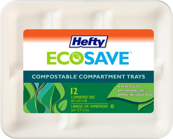 Hefty ECOSAVE 100% Compostable 5-Compartment Paper Trays, 12 Count