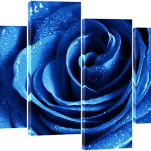 Wieco Art Blue Rose with Dew Canvas Wall Art Abstract Romantic Flower Pictures Paintings Wall Art for Living Room Bedroom Decorations Wall Decor Large 4 Panels Modern Canvas Prints Artwork