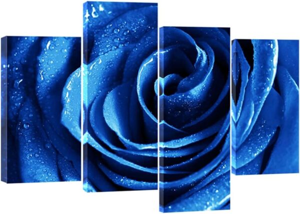 Wieco Art Blue Rose with Dew Canvas Wall Art Abstract Romantic Flower Pictures Paintings Wall Art for Living Room Bedroom Decorations Wall Decor Large 4 Panels Modern Canvas Prints Artwork