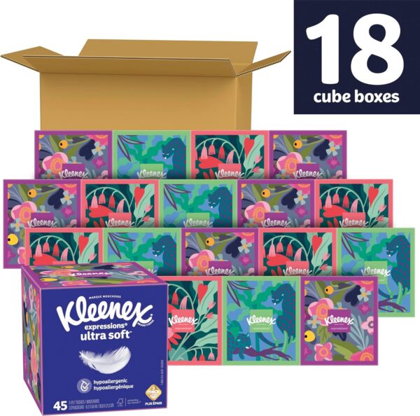 Kleenex Expressions Ultra Soft Facial Tissues, 18 Cube Boxes, 60 Tissues per Box, 3-Ply (1,080 Total Tissues), Packaging May Vary - Image 2