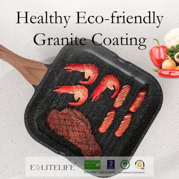 ESLITE LIFE Nonstick Grill Pan for Stove Tops, Versatile Square Big Grill Skillet Steak Pan for Indoor Cooking & Outdoor Grilling, PFOA Free, Black-9.5 Inch - Image 3