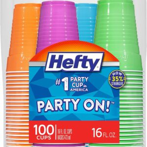 Hefty Party On Disposable Plastic Cups, Assorted, 16 Ounce, 100 Count