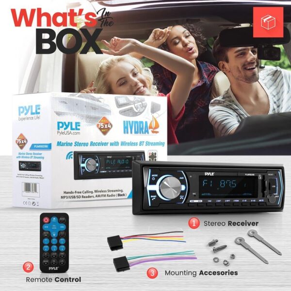 Pyle Marine Bluetooth Stereo Radio - 12v Single DIN Style Boat In dash Radio Receiver System with Built-in Mic, Digital LCD, RCA, MP3, USB, SD, AM FM Radio - Remote Control - PLMRB29B (Black) - Image 2
