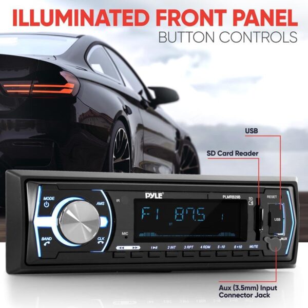 Pyle Marine Bluetooth Stereo Radio - 12v Single DIN Style Boat In dash Radio Receiver System with Built-in Mic, Digital LCD, RCA, MP3, USB, SD, AM FM Radio - Remote Control - PLMRB29B (Black) - Image 3