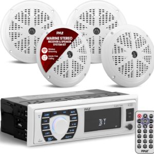 Pyle Marine Radio Receiver Speaker Set 12v Single Din Style Bluetooth Compatible Waterproof Digital Boat In Dash Console System with Mic 4 Speakers, Remote Control, Wiring Harness PLMRKT38W (White)